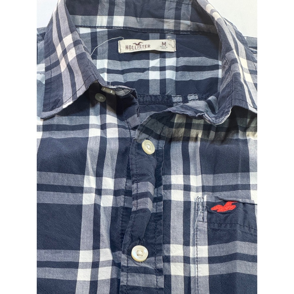 Hollister Mens Navy Blue White Plaid Long Sleeve Button Down Shirt Size M - Picture 4 of 5
